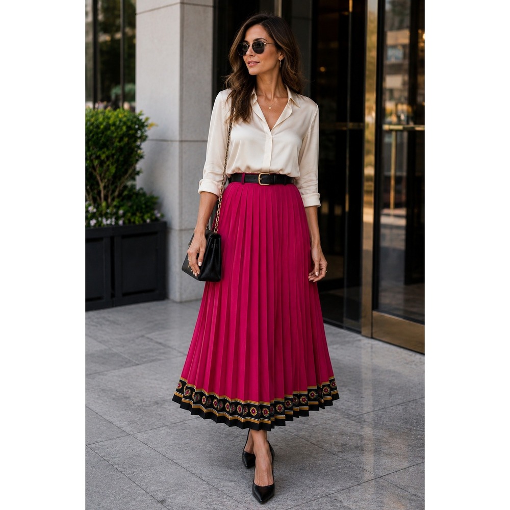 Vintage 90s Chaus Fuchsia Accordion Pleated Maxi Statement Boho Luxe Skirt 6